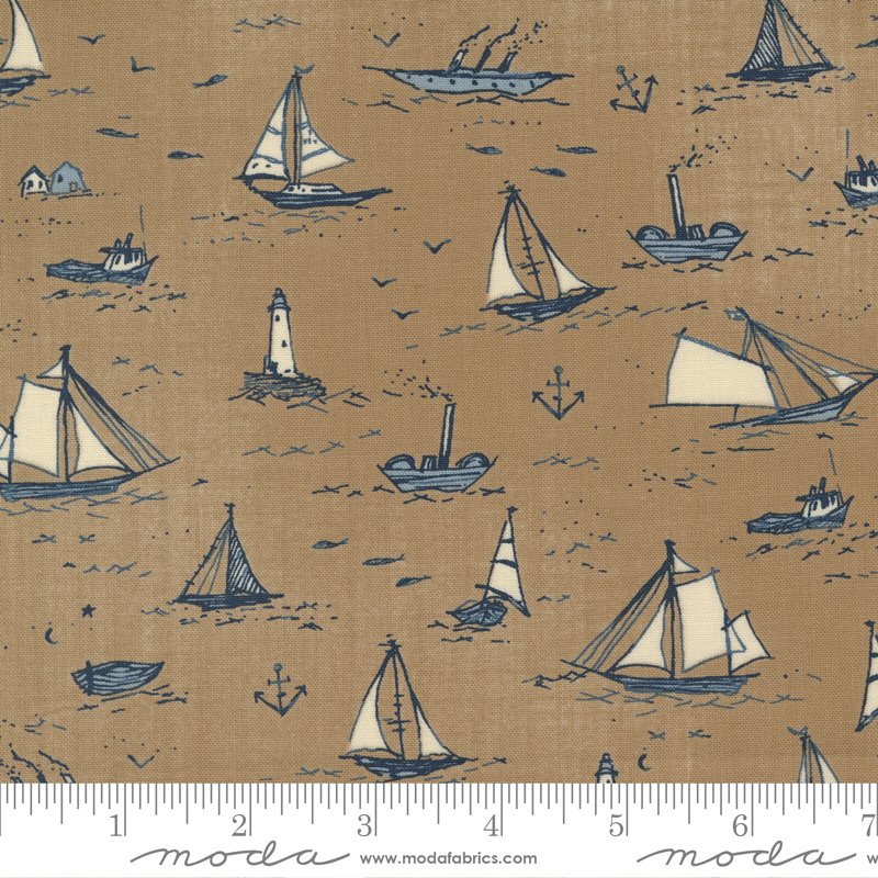 To the Sea – Sand Boats Novelty Fabric