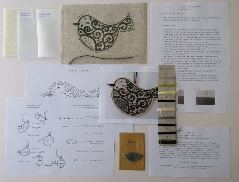 Green Swirly Bird Embellished Lino Print Kit – by Louise Nichols Designs