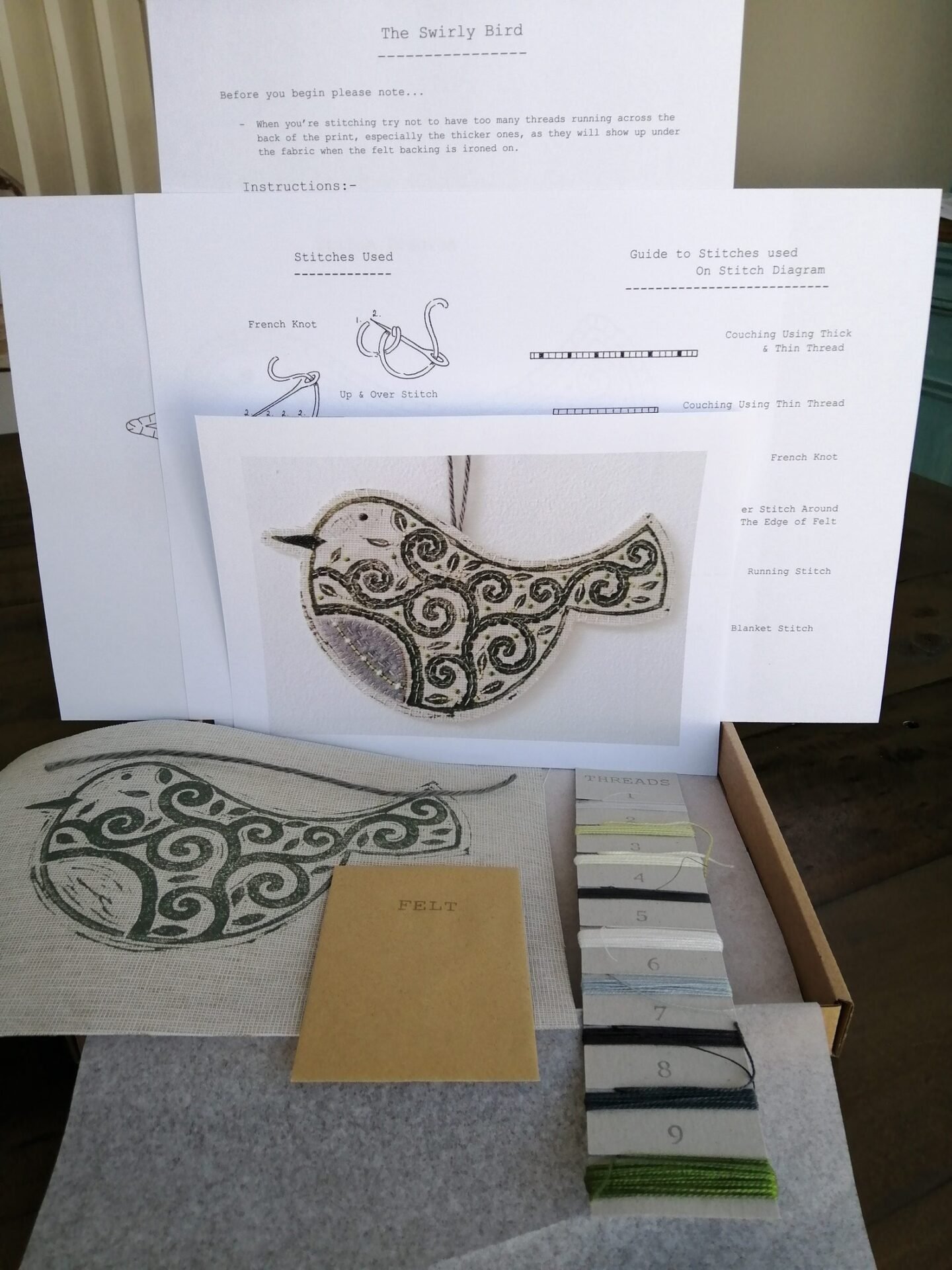 Green Swirly Bird Embellished Lino Print Kit – by Louise Nichols Designs