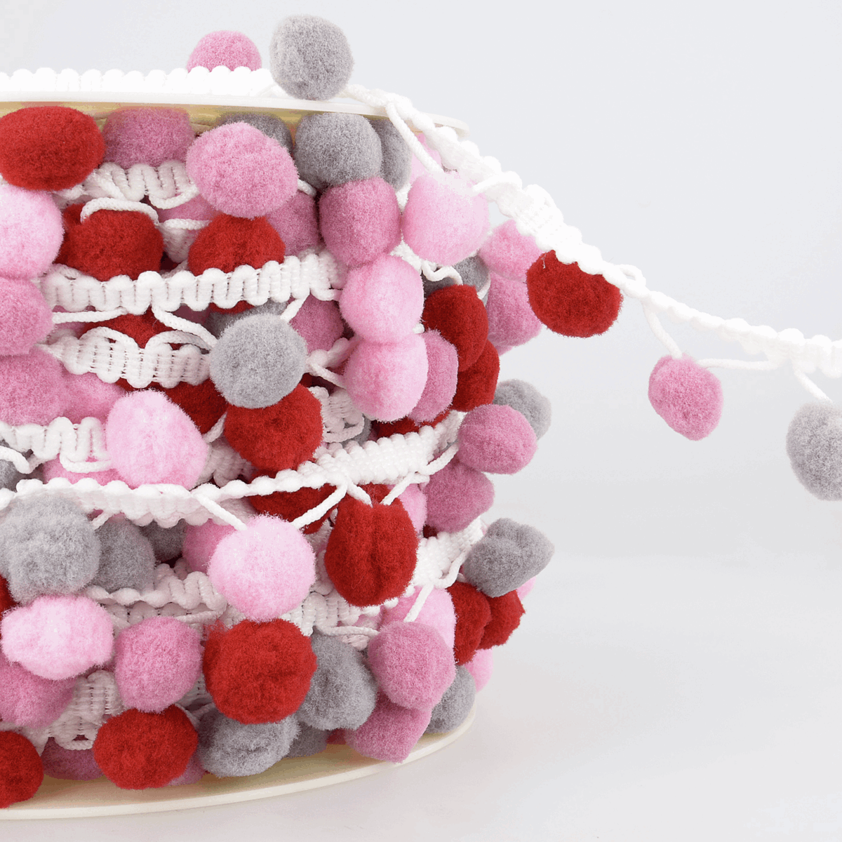 Pink/grey/red Pom Pom 25mm Trim by the metre