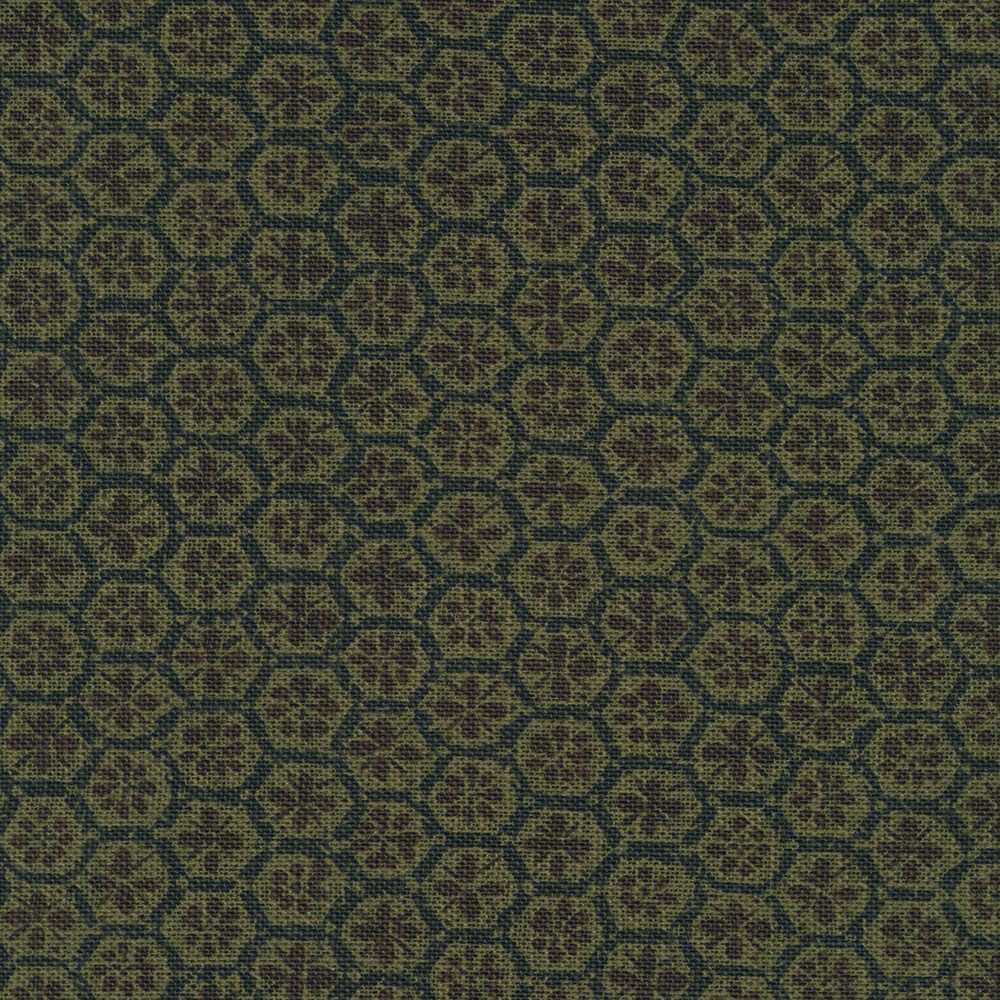 Japanese Printed Poplin – Flowers in Brown Hexagons on Green Fabric