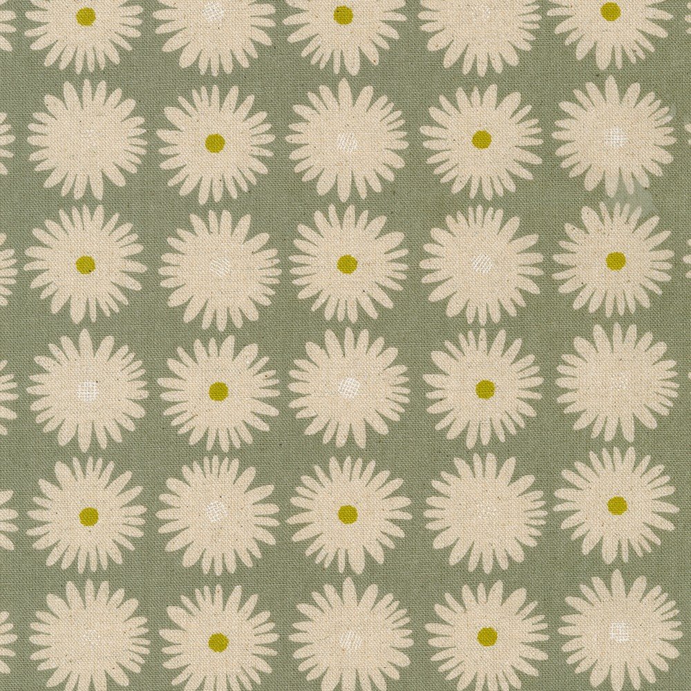 Natural Daisies on Grey/Green Cotton Flax fat quarter