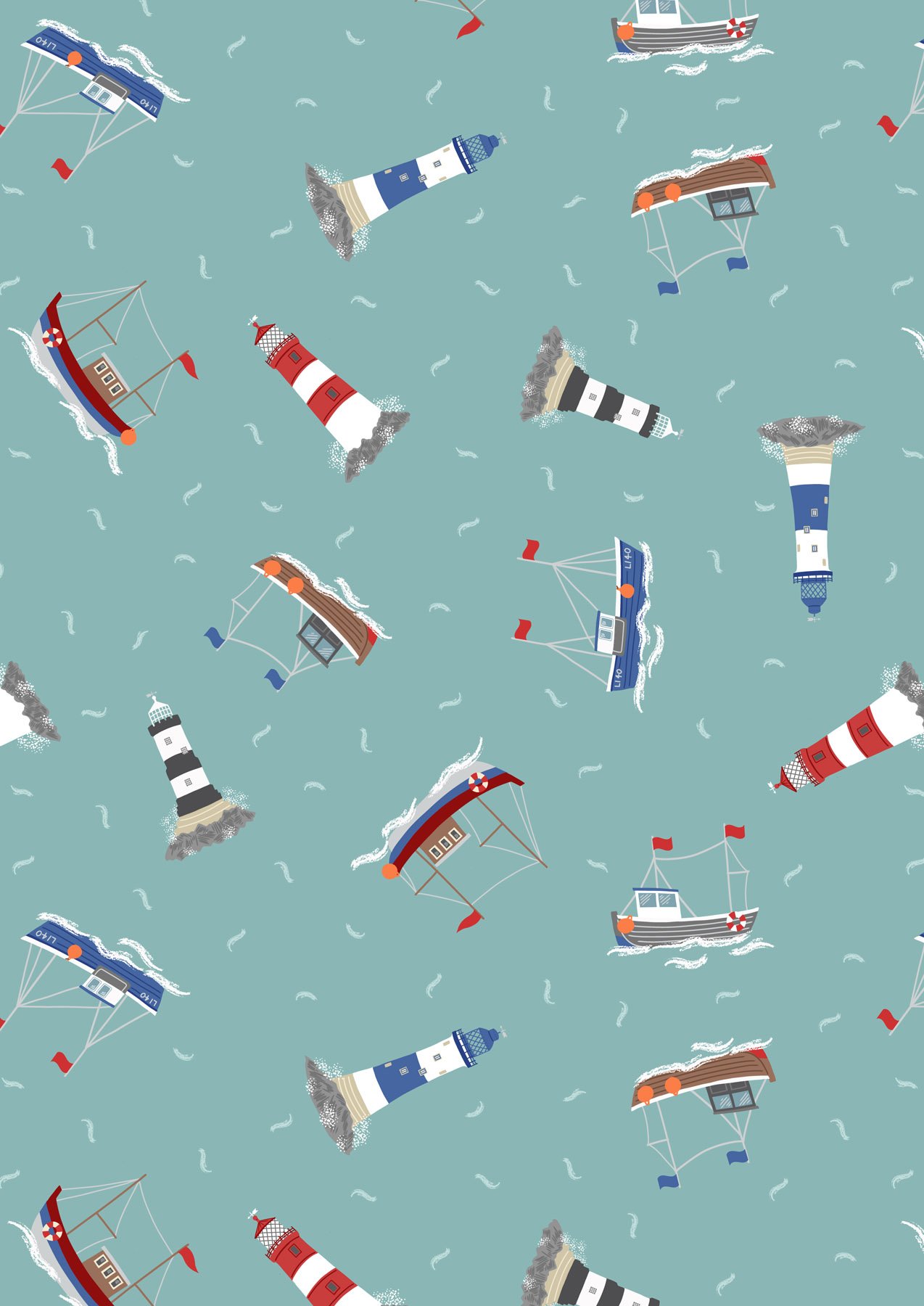 Small Things-Coastal – Boats and Lighthouses on Sea Green/Blue Fabric