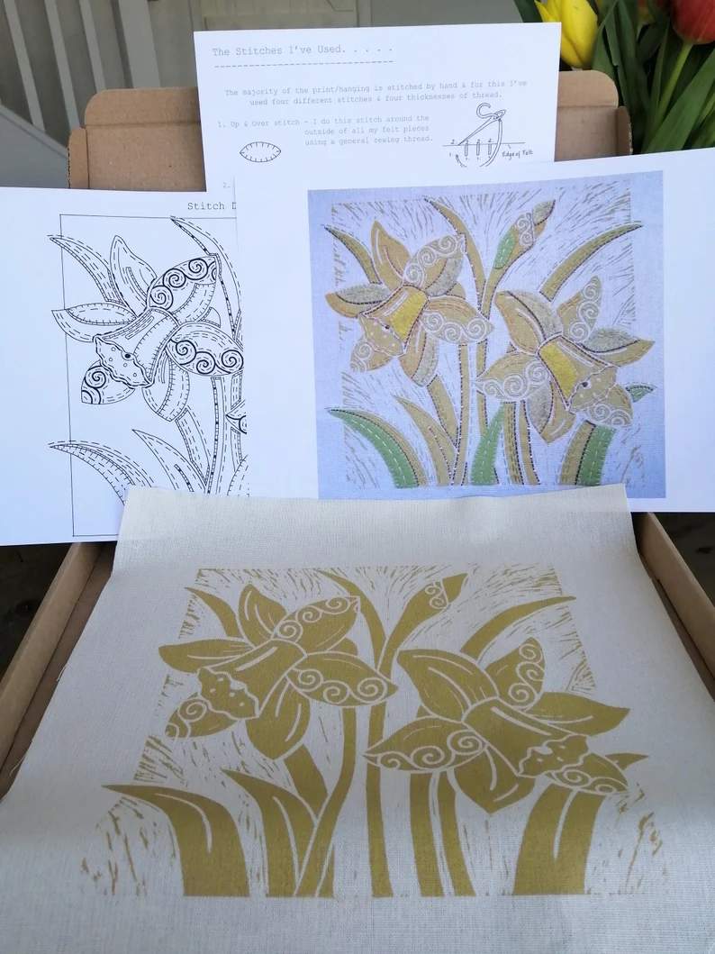 Daffodils Lino Print Panel Only by Louise Nichols Designs