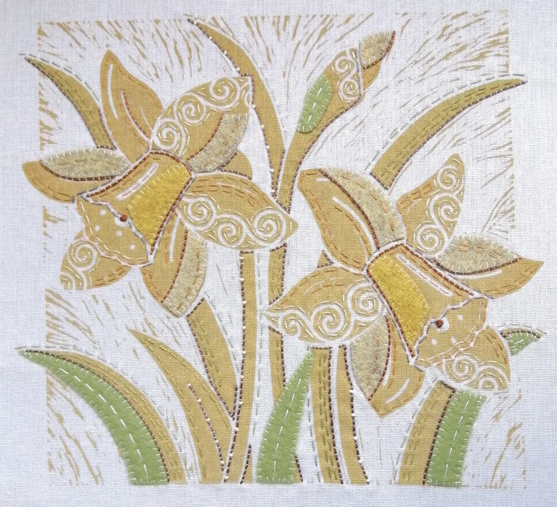 Daffodils Lino Print Panel Only by Louise Nichols Designs