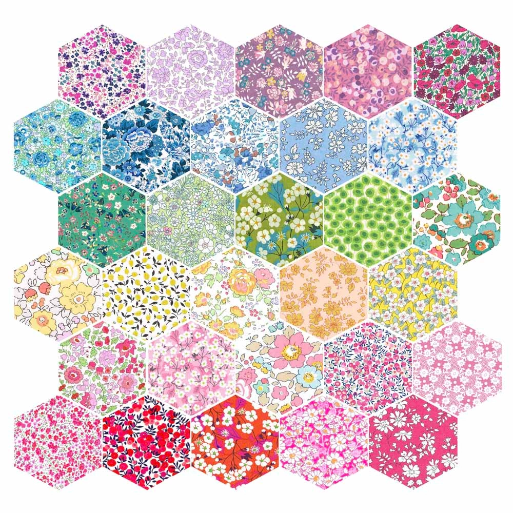 Alice Caroline ~ 30 Piece Liberty Tana Lawn Fabric Rainbow 1 3/4″ Hexagons