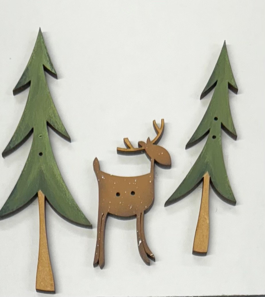 Hand Painted Wooden Button – Reindeer & Two Pine Trees