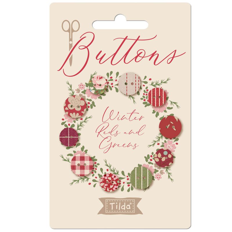 Tilda Creating Memories Fabric Covered Buttons – Winter Reds & Greens – 10 buttons