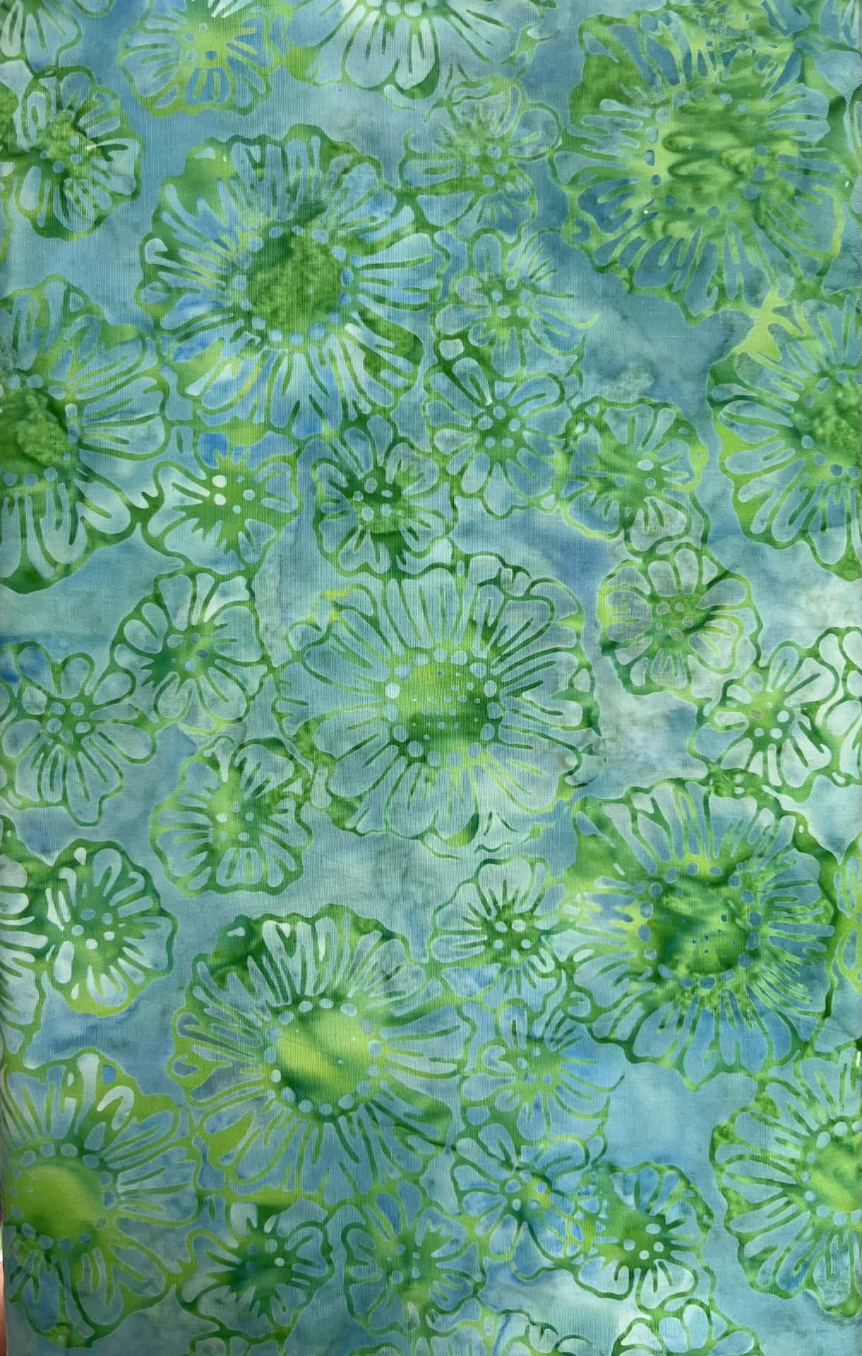 Green Bloom on Blue Batik Fabric